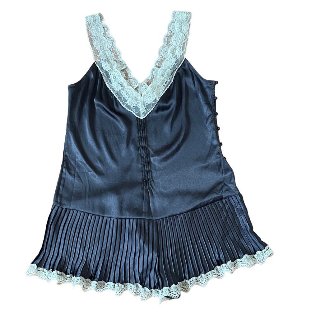 Victoria Secret Satin Pleated Baby Doll Romper Bodysuit Lace Black Size L